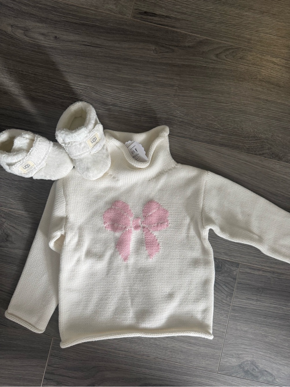 UGG Cream Baby booties and mudpie sweater with Pink Bow Knit